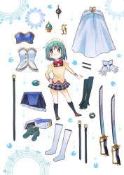 Rule 34 | 1girl, ankle boots, bare shoulders, belt, black skirt, black socks, blue belt, blue eyes, blue footwear, blue gloves, blue hair, blue skirt, boots, bow, bowtie, brown footwear, cape, chibi, closed mouth, commentary, elbow gloves, facing viewer, fortissimo, gloves, grief seed, hair ornament, hairclip, hand on own hip, high collar, highres, holding, holding cape, holding clothes, juliet sleeves, kneehighs, loafers, long sleeves, looking away, looking to the side, mahou shoujo madoka magica, mahou shoujo madoka magica (anime), miki sayaka, mitakihara school uniform, musical note, musical note hair ornament, plaid, plaid skirt, pleated skirt, puffy sleeves, red bow, red bowtie, school uniform, shoes, short hair, simple background, skirt, smile, socks, solo, soul gem, sword, thighhighs, weapon, white background, white cape, white gloves, white thighhighs, yooki (winter cakes), zettai ryouiki