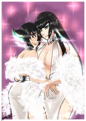 Rule 34 | 2girls, aged up, alternate universe, bad end, bare shoulders, black hair, blossomppg, blue eyes, blue nails, breasts, center opening, choker, cleavage, cosplay, dress, eyeshadow, feather boa, highres, hug, kill la kill, kiryuuin ragyou, kiryuuin ragyou (cosplay), kiryuuin satsuki, large breasts, long hair, looking at viewer, makeup, matoi ryuuko, mature female, multicolored hair, multiple girls, nail polish, rainbow hair, red nails, short hair, side slit, signature, smile, sparkle, symbol-shaped pupils