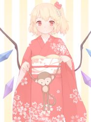 Rule 34 | 1girl, blonde hair, blush, flandre scarlet, floral print, flower, hair flower, hair ornament, japanese clothes, kimono, looking at viewer, obi, pointy ears, red eyes, sakurea, sash, side ponytail, solo, stuffed animal, stuffed monkey, stuffed toy, touhou, wings