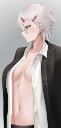 Rule 34 | 1girl, antenna hair, azur lane, black jacket, breasts, character request, commentary request, grey background, grey hair, highres, horns, jacket, jakqbigone, large breasts, navel, open clothes, open jacket, open shirt, parted lips, profile, shirt, short hair, simple background, solo, stomach, upper body, white shirt, yellow eyes