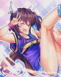 Rule 34 | \m/, animal ears, bead bracelet, beads, belt, blue shirt, blush, bracelet, breasts, brown hair, cynthia (uuzz5324), daitaku helios (umamusume), ear covers, fang, feet out of frame, highres, horse ears, horse girl, horse tail, jewelry, looking at viewer, necklace, one eye closed, open mouth, shirt, short shorts, short sleeves, shorts, side ponytail, skin fang, small breasts, smile, sticker on face, striped clothes, tail, umamusume, w, wristband, yellow eyes