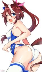 Rule 34 | 1girl, absurdres, aiuti, ass, blue eyes, brown hair, commentary request, competition swimsuit, cowboy shot, hair flaps, high ponytail, highres, horse girl, long hair, multicolored hair, one-piece swimsuit, one eye closed, simple background, smile, solo, streaked hair, swimsuit, thighhighs, tokai teio (umamusume), two-tone hair, two-tone swimsuit, umamusume, white background, white hair, white thighhighs
