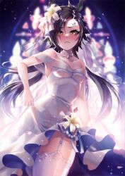 Rule 34 | 1girl, air shakur (umamusume), animal ears, armpits, backlighting, bare shoulders, black hair, blurry, blurry background, blush, breasts, bridal veil, bride, closed mouth, collarbone, cowboy shot, dress, eyebrow piercing, flower, furrowed brow, garter straps, gem, hair flower, hair ornament, highres, horse ears, jewelry, long hair, looking at viewer, nakamae ayako, necklace, nose blush, off-shoulder dress, off shoulder, pearl (gemstone), pearl necklace, piercing, small breasts, solo, stained glass, thighhighs, umamusume, veil, very long hair, walking, wedding dress, white dress, white thighhighs, yellow eyes, zettai ryouiki