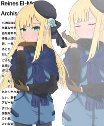 Rule 34 | 1girl, absurdres, atsumisu, text background, bad id, bad pixiv id, beret, black headwear, black pantyhose, black ribbon, blonde hair, blue dress, blue flower, blue rose, brown gloves, character name, closed eyes, closed mouth, commentary request, dress, fate (series), flower, fringe trim, gloves, green eyes, hair flower, hair ornament, hair ribbon, hat, highres, long hair, long sleeves, looking at viewer, lord el-melloi ii case files, multiple views, pantyhose, reines el-melloi archisorte, ribbon, rose, simple background, smile, tilted headwear, translation request, very long hair, white background, zoom layer