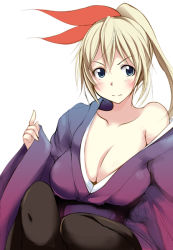 Rule 34 | &gt;:(, 10s, 1girl, bad id, bad pixiv id, black pantyhose, blonde hair, blue eyes, blush, breasts, cleavage, closed mouth, colkimono, collarbone, frown, gengoroh, hair ribbon, japanese clothes, kimono, kirisaki chitoge, large breasts, long sleeves, looking at viewer, nisekoi, off shoulder, pantyhose, ponytail, red ribbon, ribbon, solo, v-shaped eyebrows, wide sleeves