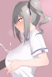 Rule 34 | 1girl, absurdres, argule0901, blush, breasts, breasts squeezed together, collared shirt, cum, cum on body, cum on breasts, cum on upper body, drill hair, grey hair, hair ribbon, highres, idolmaster, idolmaster cinderella girls, kanzaki ranko, large breasts, paizuri, paizuri under clothes, penis, red eyes, ribbon, shirt, sidelocks, simple background, sweat, twin drills, twintails, upper body, white shirt