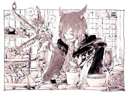 Rule 34 | !, !?, 1boy, 1other, ^ ^, androgynous, animal ears, black scarf, border, brown gloves, brown hair, brown thighhighs, cat ears, closed eyes, cookie, crystal, crystal exarch, crystallization, cup, cupcake, dated, drinking glass, elbow gloves, elbow rest, facial mark, fairy, fairy wings, feo ul, final fantasy, final fantasy xiv, floating, food, g&#039;raha tia, g'raha tia, gloves, hand on own face, hatching (texture), head on hand, head rest, index finger raised, indoors, itowo (itowc), male focus, material growth, mini person, miqo&#039;te, multiple wings, open mouth, outside border, pointy ears, sandwich, saucer, scarf, short hair, short twintails, smile, sparkle, spoken exclamation mark, tea set, teacup, teapot, thighhighs, tiered tray, twintails, upper body, white border, wings