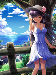 Rule 34 | 1girl, bare arms, bare shoulders, black hair, blush, breasts, cloud, cloudy sky, collarbone, day, dress, female focus, hand in own hair, hat, highres, long hair, looking at viewer, nature, ocean, one eye closed, open mouth, orange eyes, original, outdoors, plant, sky, sleeveless, sleeveless dress, smile, solo, sundress, water, wink, yamakamu