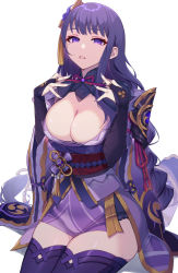 Rule 34 | 1girl, adjusting bow, bow, bowtie, braid, breasts, cleavage, commentary request, detached collar, genshin impact, hair between eyes, highres, japanese clothes, long hair, looking at viewer, low ponytail, mole, mole under eye, nail polish, obi, parted lips, purple eyes, purple hair, purple legwear, raiden shogun, santa (sunflower), sash, sidelocks, simple background, single braid, solo, vision (genshin impact), white background, wide sleeves