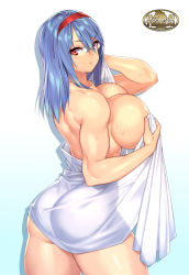 Rule 34 | 1girl, 23 (real xxiii), absurdres, ass, back, blue hair, breasts, eyelashes, gakuen taisen valkyries, glasses, hairband, headgear, highres, huge breasts, large breasts, long hair, looking at viewer, looking back, medium hair, muscular, muscular female, naked towel, parted lips, red eyes, sabra greengold, shiny skin, sideboob, simple background, solo, towel, wet
