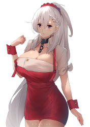 Rule 34 | 1girl, absurdres, apron, artist name, azur lane, beige shirt, belfast (azur lane), belfast (piping-hot perfection) (azur lane), braid, breasts, chain, choker, cleavage, collar, collarbone, dress, earrings, french braid, hair between eyes, hair ornament, hairclip, highres, huge breasts, jewelry, light smile, long hair, looking at viewer, low neckline, metal collar, official alternate costume, omenion, ponytail, purple eyes, red apron, red scrunchie, scrunchie, short dress, short sleeves, simple background, smile, solo, strap slip, tied sleeves, very long hair, white background, white hair, wrist cuffs