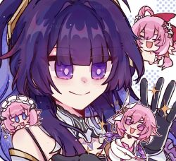 2girls absurdres bilizinger black_gloves blue_eyes chinese_commentary commentary_request elf elysia_(herrscher_of_human:_ego)_(honkai_impact) elysia_(honkai_impact) elysia_(miss_pink)_(honkai_impact) elysia_(miss_pink_elf)_(honkai_impact) elysia_(peachy_spring)_(honkai_impact) fake_horns gloves hair_ornament highres holding_chibi honkai_(series) honkai_impact_3rd horns long_hair maid_headdress multiple_girls multiple_persona official_alternate_costume pink_hair pointy_ears purple_eyes purple_hair raiden_mei raiden_mei_(herrscher_of_origin) short_hair smile upper_body