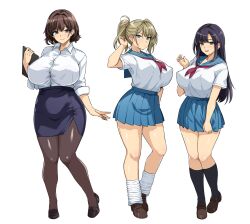 3girls black_hair black_skirt black_socks blonde_hair blue_eyes blue_sailor_collar blue_skirt book breasts brown_eyes brown_footwear brown_hair brown_pantyhose closed_mouth collared_shirt commentary_request covered_erect_nipples full_body grey_eyes hair_tie hand_up haruhisky highres holding holding_book huge_breasts kneehighs large_breasts loafers long_hair looking_at_viewer multiple_girls neckerchief original pantyhose pencil_skirt ponytail red_neckerchief sailor_collar school_uniform serafuku shirt shoes short_sleeves simple_background skirt sleeves_rolled_up smile socks standing teacher white_background white_shirt white_socks