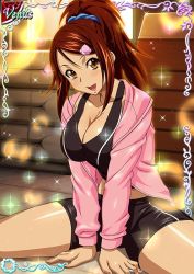 Rule 34 | 00s, 1girl, bachou mouki, black shirt, black shorts, breasts, brown eyes, brown hair, card (medium), cleavage, collarbone, hair ornament, hair scrunchie, high ponytail, ikkitousen, indoors, large breasts, long hair, looking at viewer, open mouth, pink sweater, scrunchie, shirt, shorts, solo, sweater