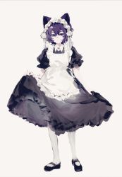 Rule 34 | 1boy, absurdres, animal ears, apron, black dress, cat ears, chinese commentary, closed mouth, dress, flower, frilled apron, frilled dress, frilled sleeves, frills, full body, hair between eyes, highres, lefityyyy, maid, maid apron, maid headdress, male focus, mary janes, pantyhose, puffy short sleeves, puffy sleeves, purple eyes, purple hair, ribbon, rose, saibou shinkyoku, shoes, short hair, short sleeves, skirt hold, solo, utsugi noriyuki, white apron, white background, white flower, white ribbon, white rose