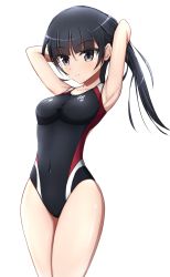 Rule 34 | 1girl, agatsuma kaede, alice gear aegis, armpits, arms behind head, black hair, black one-piece swimsuit, breasts, clothes writing, covered navel, cowboy shot, grey eyes, highres, long hair, medium breasts, multicolored clothes, multicolored swimsuit, nontemu, one-piece swimsuit, ponytail, presenting armpit, simple background, solo, swimsuit, white background