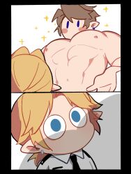 Rule 34 | 0 0, 2boys, alternate costume, arashi (arashi999uxu), awestruck, blonde hair, boob shadow (meme), boob shadow (sibi2028), character request, chibi, from below, highres, huge pectorals, large pectorals, link, meme, multiple boys, muscle awe, muscular, muscular male, nexktie, nintendo, outstretched hand, pectorals, police, police uniform, policeman, sequential, short hair, solid oval eyes, sparkling aura, the legend of zelda, uniform, upper body, x navel, yaoi