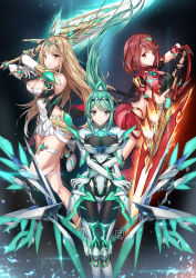 Rule 34 | 3girls, armor, ass, blonde hair, blush, bodystocking, breasts, character name, cleavage, covered navel, crotchless, crotchless pants, dress, earrings, female focus, fingerless gloves, fire, gloves, greek text, green eyes, green hair, highres, jewelry, large breasts, long hair, looking at viewer, luzi, matching hair/eyes, multiple girls, multiple persona, mythra (xenoblade), nintendo, pants, pneuma (xenoblade), ponytail, pyra (xenoblade), red eyes, red hair, red shorts, short hair, shorts, shoulder armor, sidelocks, simple background, smile, spoilers, swept bangs, sword, tiara, upper body, weapon, xenoblade chronicles (series), xenoblade chronicles 2, yellow eyes
