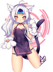 Rule 34 | 1girl, :&lt;, ahoge, animal ear fluff, animal ears, animal hands, ao jun, apron, bell, blush, cat girl, cat paws, cat tail, character name, clothes writing, code: nemesis (elsword), elsword, eve (elsword), facial mark, forehead jewel, naked apron, raven cronwell, tail, white background
