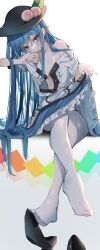 Rule 34 | 1girl, absurdres, black footwear, black hat, blue hair, blue skirt, blush, boots, buttons, closed mouth, collarbone, feet, frilled skirt, frills, fruit hat ornament, hat, hat ornament, highres, hinanawi tenshi, legs, long hair, no shoes, pantyhose, peach hat ornament, rainbow order, red eyes, shirt, short sleeves, skirt, solo, toes, touhou, tsune (tune), white pantyhose, white shirt