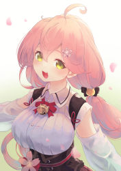 Rule 34 | 1girl, ahoge, alternate hairstyle, bell, buttons, cherry blossoms, green eyes, hair ornament, hairclip, highres, hololive, long hair, looking at viewer, mochiyuki (gigfor1), no headwear, open mouth, petals, pink hair, sakura miko, sakura miko (casual), solo, teeth, upper teeth only, virtual youtuber