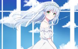 Rule 34 | 1girl, alternate costume, blue sky, blurry, blurry background, bridal veil, closed mouth, cloud, dress, floating hair, flower, from side, green eyes, hair flower, hair ornament, head wreath, highres, index (toaru majutsu no index), index finger raised, jewelry, long hair, necklace, nemu mohu, off-shoulder dress, off shoulder, silver hair, sky, smile, solo, standing, toaru majutsu no index, veil, very long hair, wedding dress, white dress, white flower