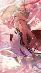 Rule 34 | 1girl, absurdres, animal ears, artist name, back, back bow, bare shoulders, barefoot, black bow, blurry, blurry background, blurry foreground, bow, branch, breasts, cherry blossoms, closed mouth, commentary request, depth of field, detached sleeves, earrings, fingernails, floral print, flower, fox ears, fox girl, gem, genshin impact, gold, gold earrings, gradient sky, grey shirt, hair between eyes, hair ornament, hand up, highres, japanese clothes, jewelry, kinaco 4738, long hair, long sleeves, looking to the side, low-tied long hair, medium breasts, nail polish, nontraditional miko, oil-paper umbrella, outdoors, petals, pink flower, pink hair, pink nails, pink sky, purple eyes, purple gemstone, red skirt, shadow, shirt, sitting, skirt, sky, smile, solo, sunlight, sunset, tape, tree, umbrella, vision (genshin impact), water, wide sleeves, yae miko, yellow sky