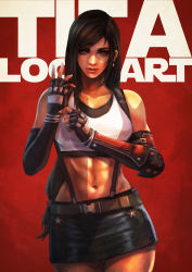 Rule 34 | 1girl, abs, absurdres, adjusting clothes, adjusting gloves, arm guards, black hair, black skirt, character name, collarbone, crop top, elbow gloves, final fantasy, final fantasy vii, final fantasy vii remake, fingerless gloves, gloves, highres, long hair, looking at viewer, low-tied long hair, midriff, monori rogue, navel, red eyes, serious, skirt, solo, standing, suspenders, tank top, tifa lockhart, toned, undershirt