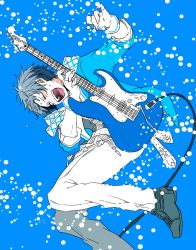 Rule 34 | 10s, 1boy, alternate costume, alternate hair color, ayaka00322, bad id, bad twitter id, blue hair, blush, dutch angle, electric guitar, closed eyes, gloves, gran (granblue fantasy), granblue fantasy, guitar, highres, idol, instrument, kimi to boku no mirai, male focus, music, open mouth, playing instrument, scarf, smile, solo, superstar (granblue fantasy), sweat, white gloves