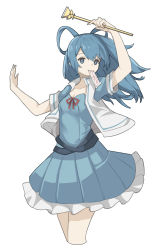 Rule 34 | 1girl, alternate hair length, alternate hairstyle, arm above head, arm up, blue dress, blue eyes, blue hair, breasts, bright pupils, cleavage, collarbone, commentary request, cowboy shot, cropped legs, dress, eyebrows hidden by hair, hair ornament, hair rings, hair stick, hand up, highres, holding, holding stick, kaibiubiubiu (rkvc7325), kaku seiga, long hair, looking at viewer, mouth hold, ofuda, red ribbon, ribbon, short sleeves, simple background, small breasts, solo, stick, touhou, vest, white background, white pupils, white vest