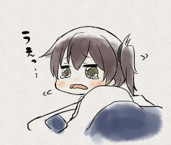 Rule 34 | 10s, 1girl, blanket, blush, brown eyes, brown hair, chibi, commentary request, futon, kaga (kancolle), kantai collection, motion lines, open mouth, pillow, short hair, sketch, solo, taisa (kari), tearing up, tears, under covers, wavy mouth