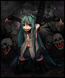 Rule 34 | 1girl, aqua eyes, aqua hair, armpits, bare shoulders, chain, collar, constricted pupils, crazy eyes, creepy, cuffs, detached sleeves, handcuffs, hatsune miku, headphones, horror (theme), kneeling, long hair, megaphone, open clothes, open shirt, red pupils, robo8, robo8 (pixiv), shirt, skull, smile, solo, thighhighs, tongue, twintails, very long hair, vocaloid, zettai ryouiki