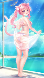 Rule 34 | 1girl, :d, animal ear fluff, animal ears, bare arms, bare shoulders, bikini, blue sky, bow, breasts, cat ears, cat girl, cat tail, cloud, cloudy sky, commentary request, commission, day, feathered wings, from behind, hair bow, halo, holding, indie virtual youtuber, long hair, looking at viewer, looking back, mashiro mayu, medium breasts, mini wings, nikoo, open mouth, pink bow, pink hair, pixiv commission, purple eyes, showering, side-tie bikini bottom, sky, smile, solo, standing, swimsuit, tail, towel, twintails, virtual youtuber, water, white bikini, white wings, wings