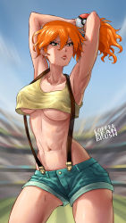Rule 34 | 1girl, breasts, coffeebeanbrush, creatures (company), crop top, game freak, green eyes, highres, looking at viewer, misty (pokemon), muscular, muscular female, nintendo, orange hair, pitcher (container), poke ball, pokemon, pokemon (anime), pokemon (classic anime), red hair, self-upload, shorts, solo, underboob