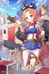 Rule 34 | 1girl, bare shoulders, blue eyes, blush, breasts, brown gloves, cannon, gloves, goggles, goggles on head, grin, gyakushuu no fantasica, highres, long hair, looking at viewer, medium breasts, midriff, navel, open mouth, orange hair, pointing, shoonear, smile, solo, teeth, wheel