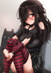 Rule 34 | 1girl, alternate costume, alternate hairstyle, arm warmers, ayuayu (shouyu no sato), black hair, black shirt, black skirt, breasts, commentary request, convenient leg, feet out of frame, goth fashion, hayashimo (kancolle), hugging own legs, kantai collection, long hair, medium breasts, messy hair, red eyes, shirt, skirt, smile, solo, striped clothes, striped thighhighs, thighhighs