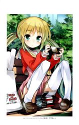 Rule 34 | 1girl, :&lt;, bag, bench, blonde hair, blush, handheld game console, hayate no gotoku!, highres, loafers, playing games, playstation portable, sanzen&#039;in nagi, shoes, solo, thighhighs, twintails, white thighhighs
