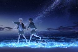 Rule 34 | 2boys, barefoot, bioluminescence, black cardigan, black hair, cardigan, cloud, commentary request, facial tattoo, full body, glowing, grey shorts, highres, holding hands, jewelry, looking at another, mafumafu, multiple boys, necklace, niconico, night, night sky, ocean, open cardigan, open clothes, open mouth, outdoors, pointing, red eyes, shirt, short hair, shorts, sky, smile, soraru, star (sky), starry sky, tattoo, usagi (31820156), utaite, walking, white hair, white shirt