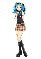 Rule 34 | absurdres, armlet, black footwear, black shirt, blue hair, boots, cone horns, finger to mouth, full body, green hair, highres, horns, index finger raised, knee boots, long hair, looking at viewer, lum, miniskirt, multicolored hair, official art, orange eyes, plaid, plaid skirt, platform boots, platform footwear, shirt, shushing, simple background, skirt, sleeveless, sleeveless shirt, smile, tachi-e, turtleneck, twintails, two-tone hair, urusei yatsura, white background
