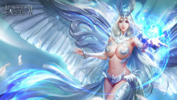 Rule 34 | 1girl, armor, artist request, bikini armor, blue eyes, breasts, cleavage, cowboy shot, large breasts, league of angels, league of angels ii, long hair, navel, realistic, revealing clothes, silver hair, solo, very long hair, wings