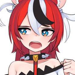 Rule 34 | 1girl, animal ears, blush, collar, dot nose, hair between eyes, hair down, hakos baelz, hololive, hololive english, looking to the side, mouse ears, multicolored hair, off-shoulder shirt, off shoulder, open mouth, portrait, red hair, shirt, sideways glance, simple background, solo, spiked collar, spikes, streaked hair, virtual youtuber, white background, yoako