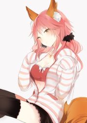 Rule 34 | 10s, 1girl, animal ears, bad id, bad twitter id, bandeau, black skirt, black thighhighs, bow, breasts, cleavage, collarbone, fate/extra, fate (series), fox ears, fox tail, hair ornament, hair scrunchie, hands in opposite sleeves, hood, hoodie, jewelry, long hair, long sleeves, looking at viewer, low twintails, lpip, medium breasts, miniskirt, necklace, official alternate costume, pendant, pink bow, pink hair, pocket, scrunchie, simple background, sitting, skirt, solo, strapless, striped clothes, striped hoodie, tail, tamamo (fate), tamamo no mae (fate/extra), tamamo no mae (spring casual) (fate), thighhighs, twintails, white background, yellow eyes, zettai ryouiki