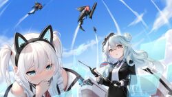 Rule 34 | 2girls, aircraft, airplane, animal ears, artist request, azur lane, biplane, blue eyes, blush, brown eyes, contrail, dress shirt, drone, fake animal ears, fingerless gloves, glasses, gloves, green hair, hairband, hammann (azur lane), hammann ii (azur lane), hologram, holographic interface, langley (azur lane), langley ii (azur lane), long hair, multiple girls, necktie, official art, science fiction, shirt, twintails, white hair