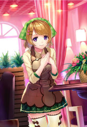 Rule 34 | 10s, 1girl, apron, bouquet, flower, hair ornament, hairclip, hat, jinyuan712, koizumi hanayo, lamp, light brown hair, looking at viewer, love live!, love live! school idol festival, love live! school idol project, pleated skirt, purple eyes, shirt, skirt, smile, solo, thighhighs, white thighhighs, zettai ryouiki