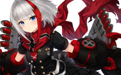 Rule 34 | 1girl, admiral graf spee (azur lane), artnohearts, azur lane, black dress, blue eyes, blunt bangs, blush, breasts, buttons, closed mouth, dress, floating hair, long hair, looking at viewer, machinery, medal, multicolored hair, red hair, scarf, short hair, short sleeves, sidelocks, silver hair, simple background, small breasts, solo, streaked hair, white background