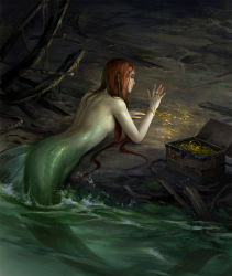 Rule 34 | 1girl, bare back, breasts, mermaid, monster girl, nude, partially submerged, red hair, sandara, scales, small breasts, solo, treasure chest