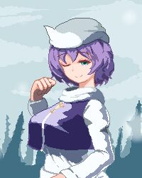 Rule 34 | 1girl, ;), aqua eyes, breasts, closed mouth, commentary, grey sky, large breasts, letty whiterock, long sleeves, looking at viewer, nukekip, one eye closed, outdoors, pixel art, polearm, purple hair, scarf, short hair, sky, smile, solo, touhou, trident, upper body, weapon, white headwear, white scarf