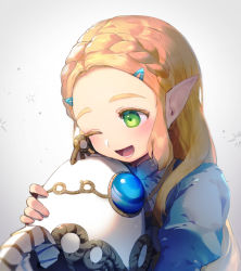 Rule 34 | 1girl, :d, blonde hair, blue shirt, gradient background, green eyes, grey background, hair ornament, hairclip, happy, highres, holding, hyrule warriors: age of calamity, juliet sleeves, lliixxxxyy, long hair, long sleeves, lower teeth only, nintendo, hugging object, one eye closed, open mouth, pointy ears, princess zelda, puffy sleeves, robot, shirt, smile, teeth, terrako, the legend of zelda, the legend of zelda: breath of the wild