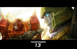 Rule 34 | 2boys, autobot, battle, energy gun, glowing, glowing eyes, gun, hot rod (transformers), letterboxed, mecha, multiple boys, realistic, robot, scar, science fiction, smile, smirk, solid eyes, springer (transformers), transformers, weapon, xiling