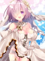 Rule 34 | 1girl, alternate costume, artist request, bad id, bad pixiv id, bare shoulders, blush, breasts, bridal veil, bride, cleavage, clothes grab, clothes lift, commentary request, cosplay, dress, dress lift, fate/grand order, fate (series), flower, gloves, hair flower, hair ornament, hair over one eye, holding, holding clothes, holding dress, large breasts, lock, looking at viewer, mash kyrielight, nero claudius (bride) (fate), nero claudius (bride) (fate) (cosplay), nero claudius (bride) (second ascension) (fate), nero claudius (fate), nero claudius (fate) (all), open mouth, padlock, pink hair, purple eyes, short hair, smile, solo, veil, wedding dress, white dress, white gloves, zipper
